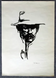 "Kopf mit Pfeife. E.N.", 1907, ca. 40 x 28,5 cm. Im Werkverzeichnis von Schiefler-Mosel-Urban ist es als Nr. 5 verzeichnet. Demnach gibt es 3 Probedrucke, eine Auflage von 200 Exemplaren, von denen die Nummern 1-20 nummeriert sind.