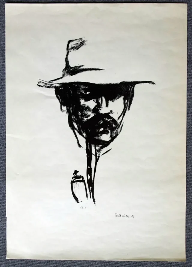 "Kopf mit Pfeife. E.N.", 1907, ca. 40 x 28,5 cm. Im Werkverzeichnis von Schiefler-Mosel-Urban ist es als Nr. 5 verzeichnet. Demnach gibt es 3 Probedrucke, eine Auflage von 200 Exemplaren, von denen die Nummern 1-20 nummeriert sind. 