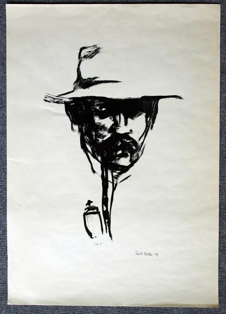 "Kopf mit Pfeife. E.N.", 1907, ca. 40 x 28,5 cm. Im Werkverzeichnis von Schiefler-Mosel-Urban ist es als Nr. 5 verzeichnet. Demnach gibt es 3 Probedrucke, eine Auflage von 200 Exemplaren, von denen die Nummern 1-20 nummeriert sind.