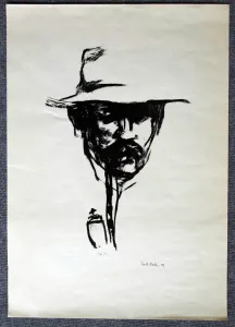"Kopf mit Pfeife. E.N.", 1907, ca. 40 x 28,5 cm. Im Werkverzeichnis von Schiefler-Mosel-Urban ist es als Nr. 5 verzeichnet. Demnach gibt es 3 Probedrucke, eine Auflage von 200 Exemplaren, von denen die Nummern 1-20 nummeriert sind.