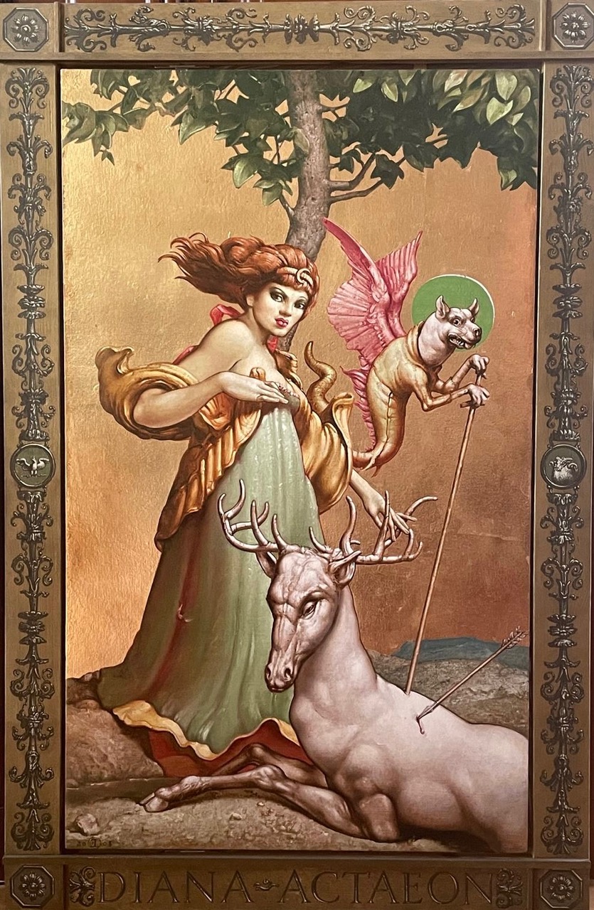 Eberhard Lenk. DIANA und ACTAEON, Mischtechnik auf HF, auf Goldgrund, 2008