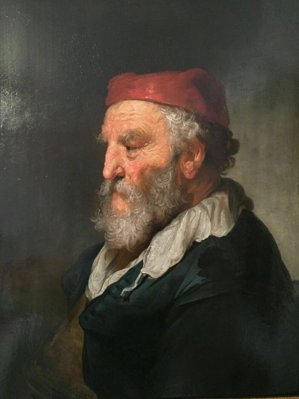 Govaert Flinck (* 25. Januar 1615 in Kleve; † 2. Februar 1660 in Amsterdam) Alter Mann mit roter Kappe  Bez. u. li.: G flinck:f / 16.. (letzte zwei Ziffern nicht sicher lesbar) Öl auf Holz, 71,5 x 53,5 cm